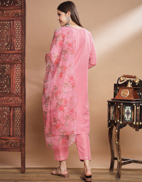 Traditional Function Wear Readymade Silk Blend Salwar Suit Pink Silk Blend Pant Straight Back View