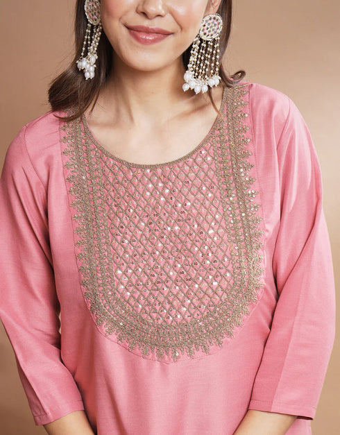 Traditional Function Wear Readymade Silk Blend Salwar Suit Pink Silk Blend Pant Straight Side View