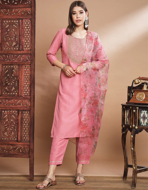 Traditional Function Wear Readymade Silk Blend Salwar Suit Pink Silk Blend Pant Straight Front View