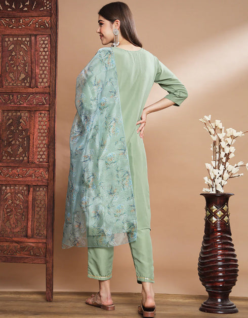 Traditional Function Wear Readymade Silk Blend Salwar Suit Green Silk Blend Pant Straight Back View
