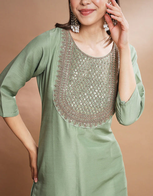 Traditional Function Wear Readymade Silk Blend Salwar Suit Green Silk Blend Pant Straight Side View