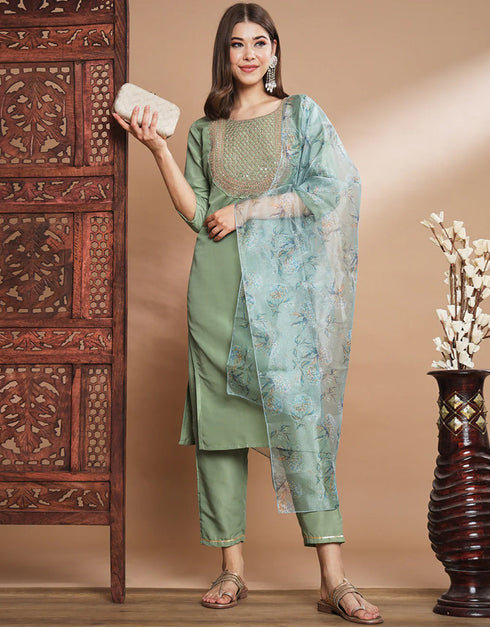 Traditional Function Wear Readymade Silk Blend Salwar Suit Green Silk Blend Pant Straight Front View
