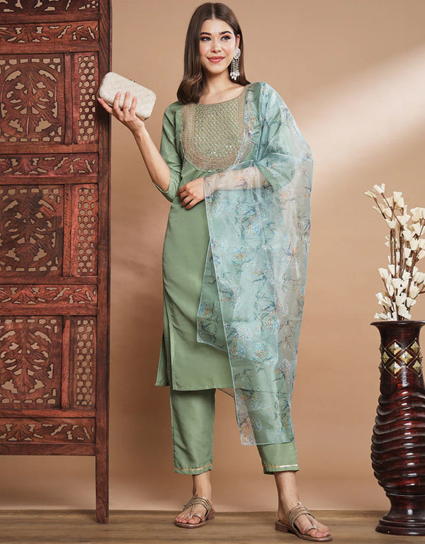 Traditional Function Wear Readymade Silk Blend Salwar Suit Green Silk Blend Pant Straight Front View