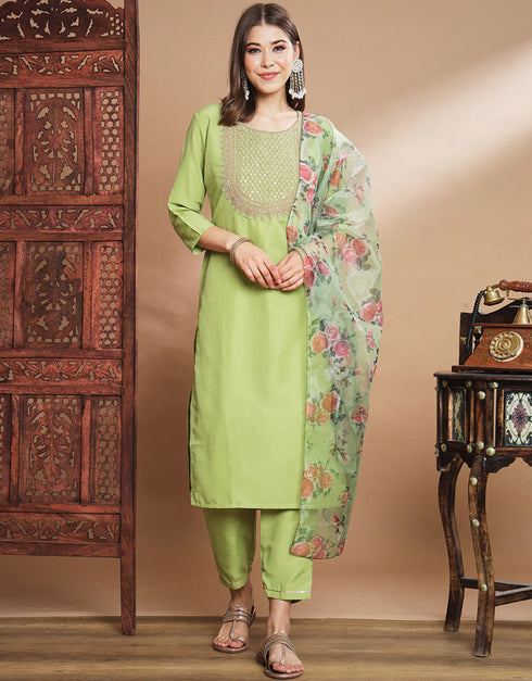 Traditional Function Wear Readymade Silk Blend Salwar Suit Pista Silk Blend Pant Straight Front View