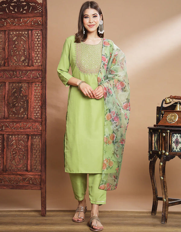 Traditional Function Wear Readymade Silk Blend Salwar Suit Pista Silk Blend Pant Straight Front View