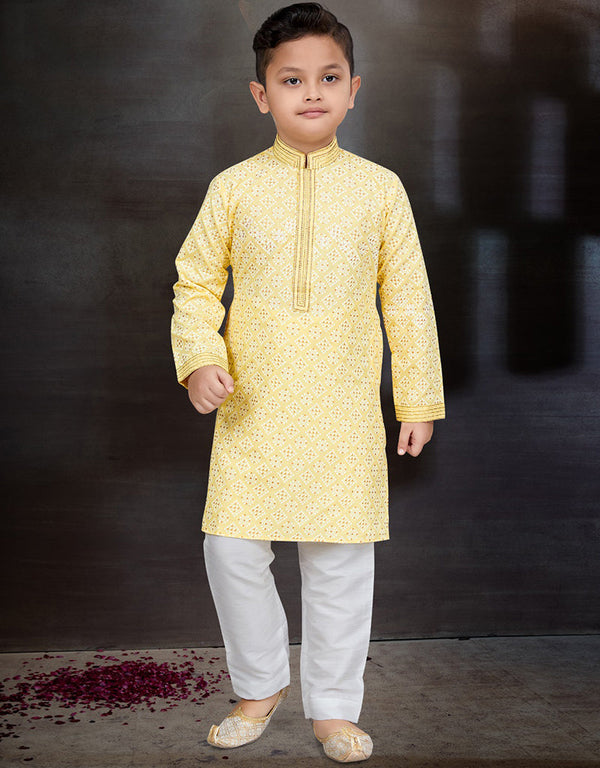 Yellow Kurta Pajama Cotton Front View