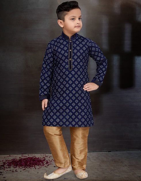 Navy Blue Kurta Pajama Cotton Front View