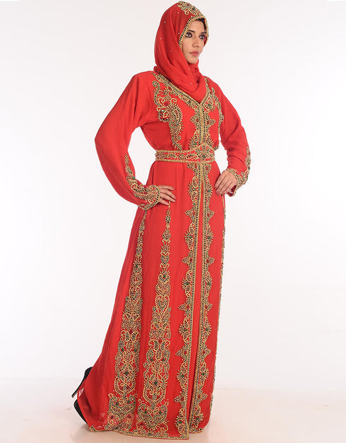 Modest Red Georgette Hand Embroidery Party Wear Kaftan
