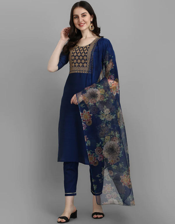 Traditional Function Wear Readymade Silk Blend Salwar Suit Blue Silk Blend Pant Straight Front View