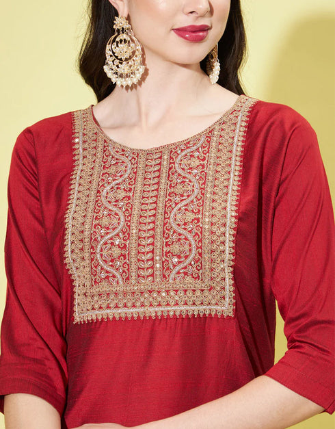 Traditional Function Wear Readymade Silk Blend Salwar Suit Maroon Silk Blend Pant Straight Side View