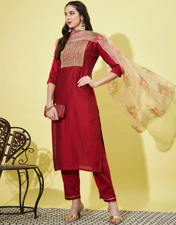 Traditional Function Wear Readymade Silk Blend Salwar Suit Maroon Silk Blend Pant Straight Front View