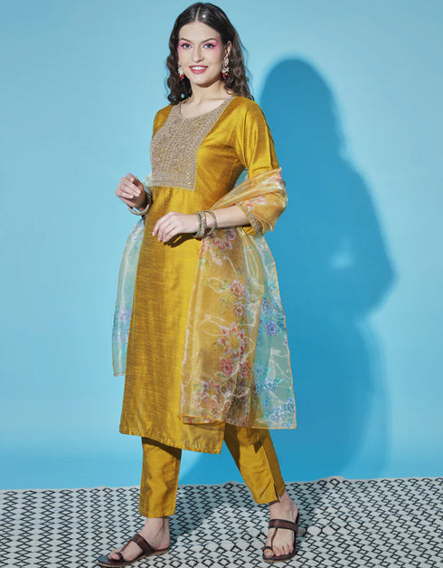 Traditional Function Wear Readymade Silk Blend Salwar Suit Mustard Silk Blend Pant Straight Back View
