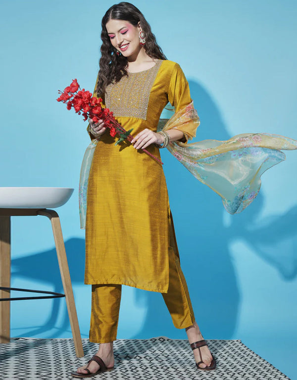 Traditional Function Wear Readymade Silk Blend Salwar Suit Mustard Silk Blend Pant Straight Front View