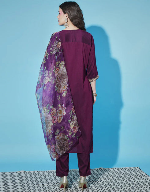 Traditional Function Wear Readymade Silk Blend Salwar Suit Wine Silk Blend Pant Straight Back View