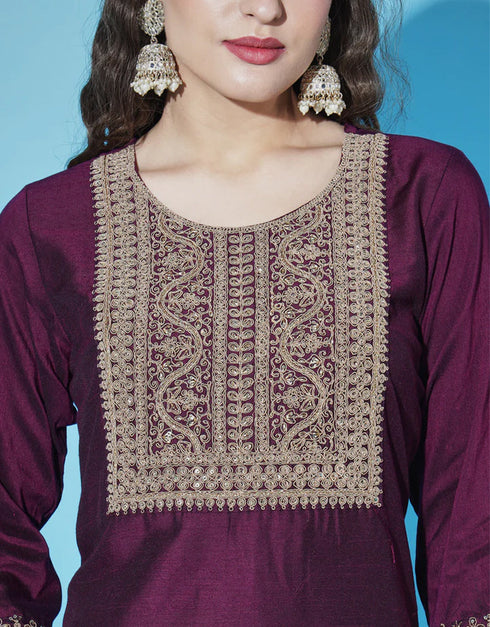 Traditional Function Wear Readymade Silk Blend Salwar Suit Wine Silk Blend Pant Straight Side View