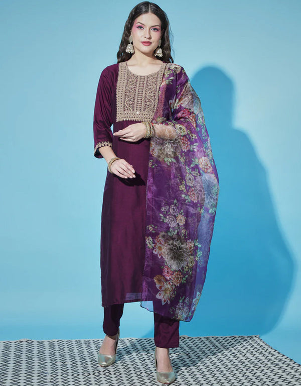 Traditional Function Wear Readymade Silk Blend Salwar Suit Wine Silk Blend Pant Straight Front View