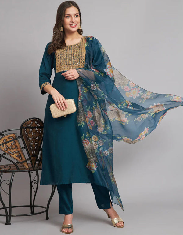 Traditional Function Wear Readymade Silk Blend Salwar Suit Teal Silk Blend Pant Straight Front View