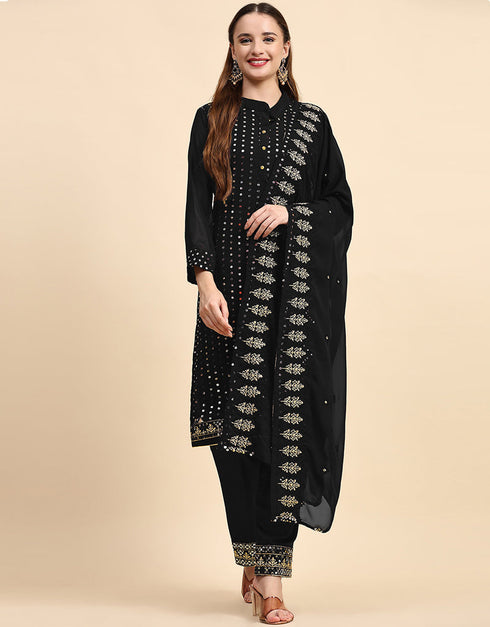 Black Faux Georgette Pant Straight Close-up View