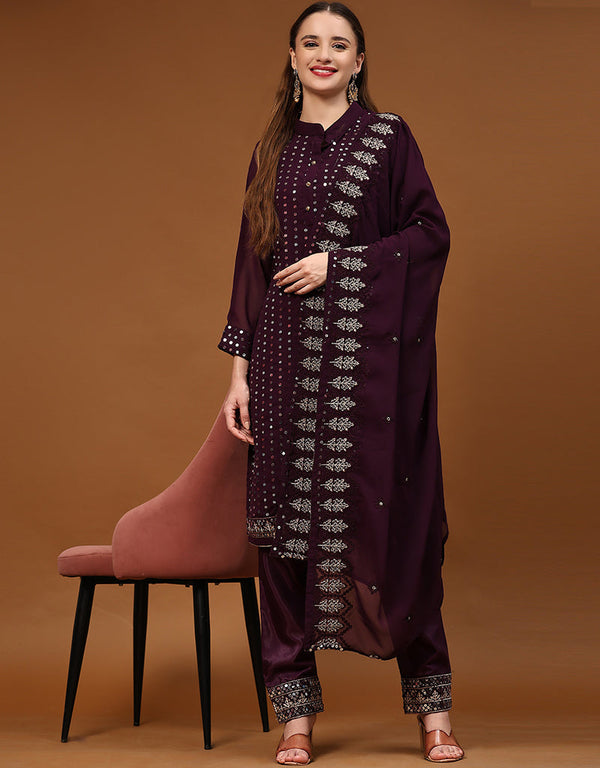 Wine Faux Georgette Pant Straight Front View