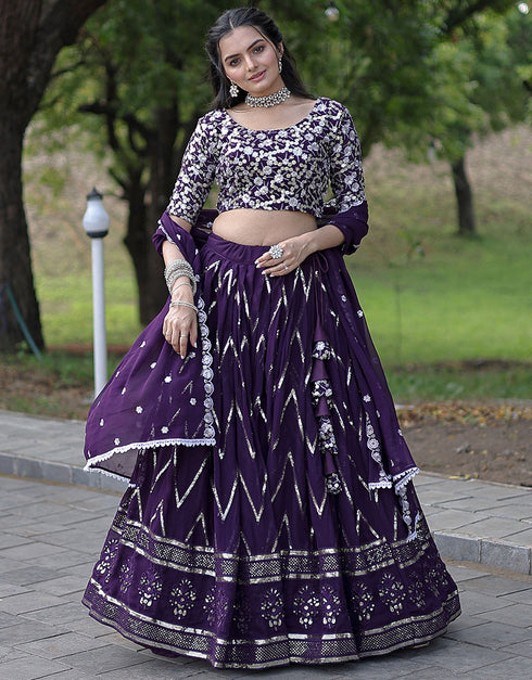 Purple Faux Blooming Lehenga Choli Close-up View