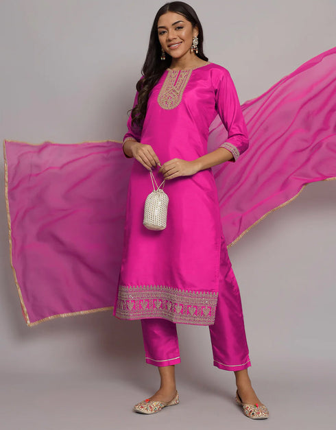 Designer Party Wear Readymade Silk Blend Salwar Suit Pink Silk Blend Pant Straight Front View