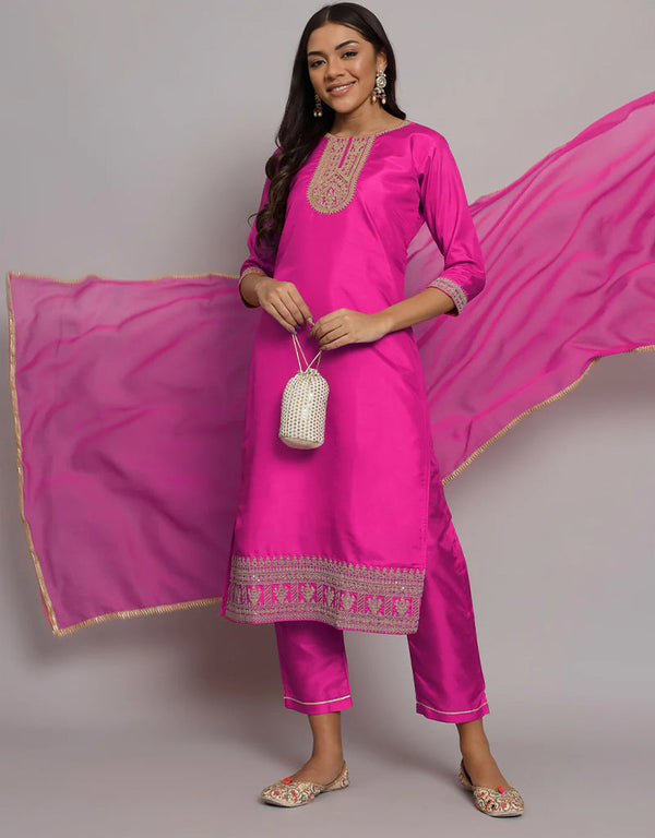 Designer Party Wear Readymade Silk Blend Salwar Suit Pink Silk Blend Pant Straight Front View