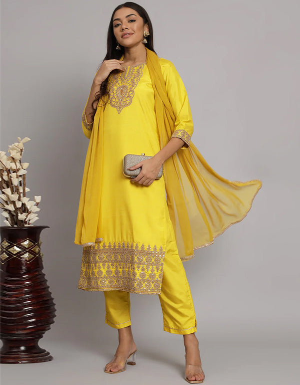 Designer Party Wear Readymade Silk Blend Salwar Suit Yellow Silk Blend Pant Straight Front View