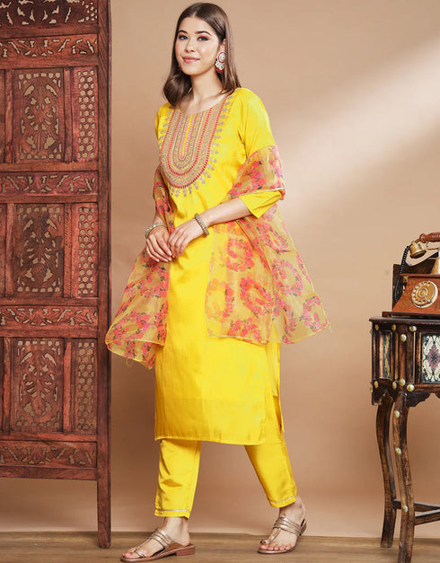 Designer Party Wear Readymade Silk Blend Salwar Suit Yellow Silk Blend Pant Straight Close-up View