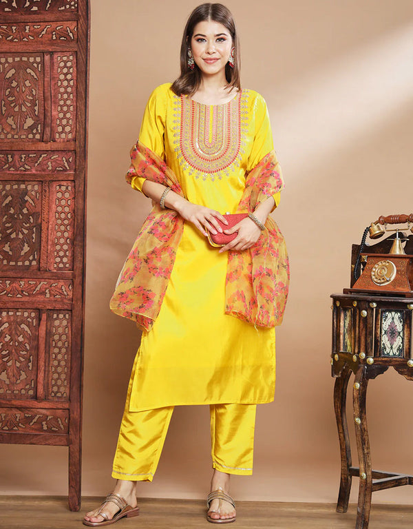 Designer Party Wear Readymade Silk Blend Salwar Suit Yellow Silk Blend Pant Straight Front View