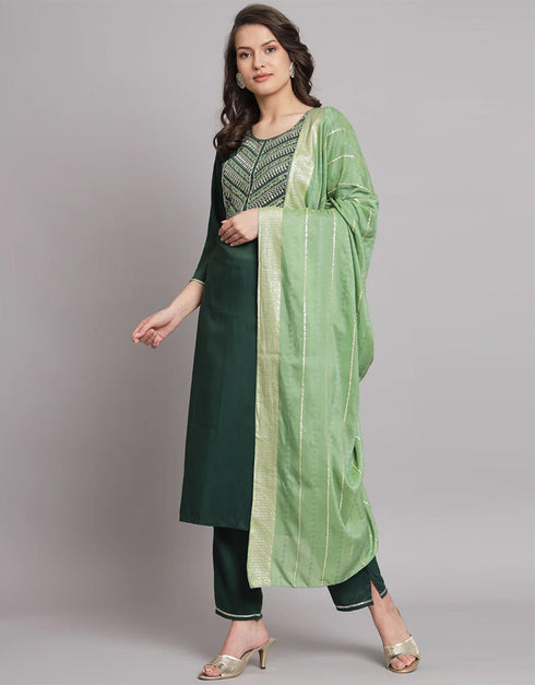 Traditional Function Wear Cotton Silk Readymade Salwar Suit Green Cotton Silk Blend Pant Straight Front View