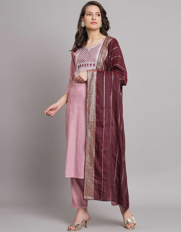 Traditional Function Wear Cotton Silk Readymade Salwar Suit Pink Cotton Silk Blend Pant Straight Front View