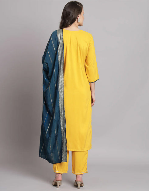 Traditional Function Wear Cotton Silk Readymade Salwar Suit Yellow Cotton Silk Blend Pant Straight Back View