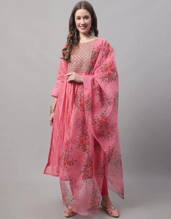 Designer Party Wear Heavy Chanderi Modal Butti Salwar Suit Pink Chanderi Modal Butti Pant Straight Front View