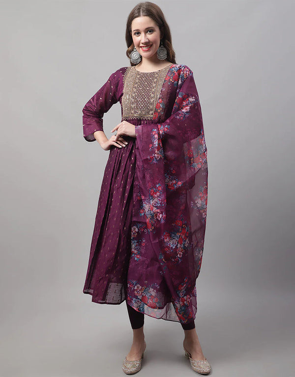 Designer Party Wear Heavy Chanderi Modal Butti Salwar Suit Purple Chanderi Modal Butti Pant Straight Front View