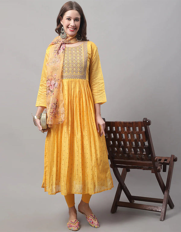 Designer Party Wear Heavy Chanderi Modal Butti Salwar Suit Yellow Chanderi Modal Butti Pant Straight Front View