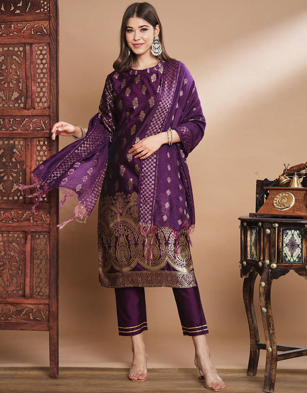 Designer Party Wear Cotton Silk Jacquard Salwar Suit Purple Cotton Silk Jacquard Pant Straight Front View
