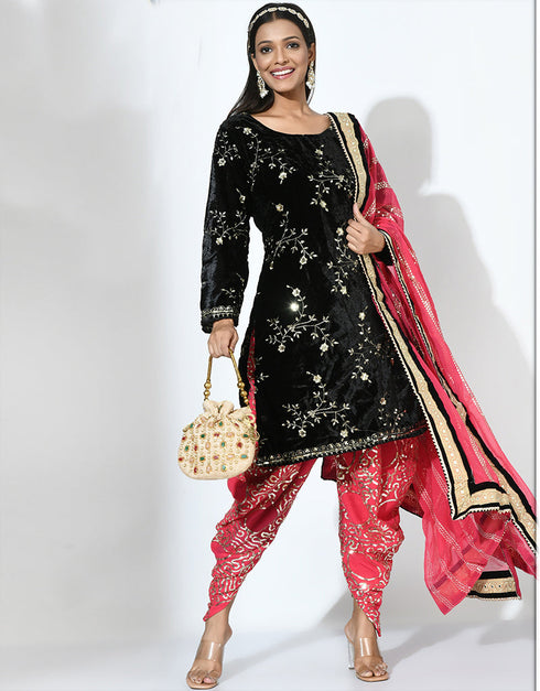 Traditional Party Wear Heavy Viscose Velvet Salwar Suit Black Viscose Velvet Patiyala Straight Close-up View
