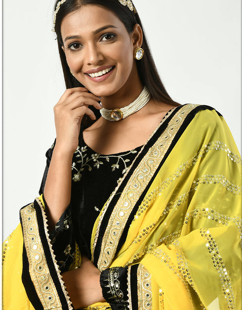 Traditional Party Wear Heavy Viscose Velvet Salwar Suit Black Viscose Velvet Patiyala Straight Close-up View