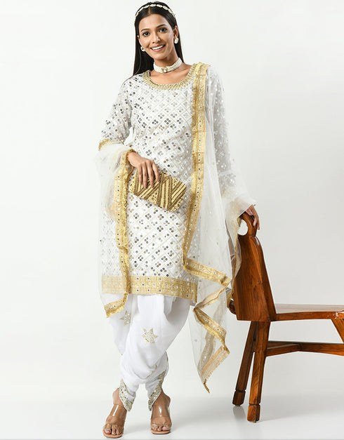 Traditional Party Wear Heavy Viscose Velvet Salwar Suit White Viscose Velvet Patiyala Straight Front View