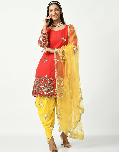 Traditional Party Wear Heavy Viscose Velvet Salwar Suit Red Viscose Velvet Patiyala Straight Close-up View