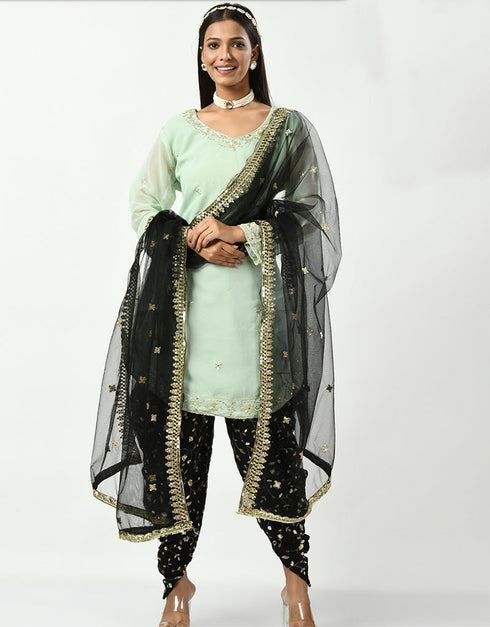 Traditional Party Wear Heavy Viscose Velvet Salwar Suit Light Mint Viscose Velvet Patiyala Straight Front View