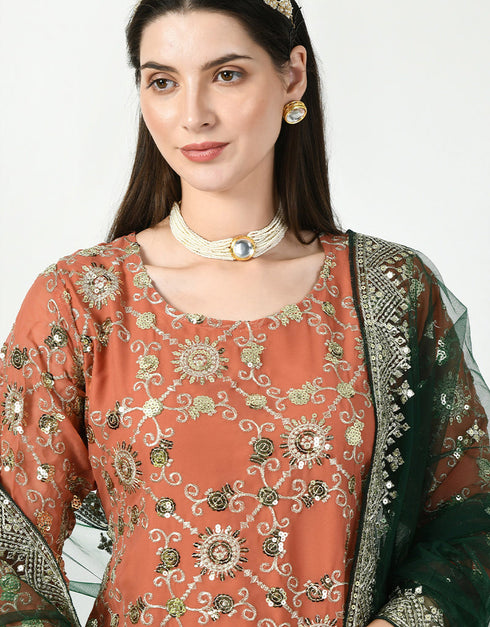 Traditional Party Wear Heavy Salwar Suit Orange Heavy Faux Georgette Patiyala Straight Close-up View
