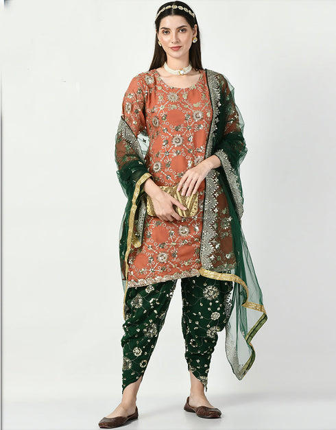 Traditional Party Wear Heavy Salwar Suit Orange Heavy Faux Georgette Patiyala Straight Front View