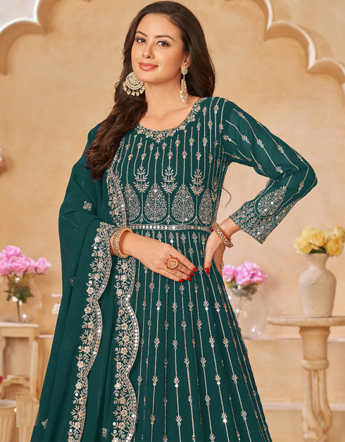 Traditional Party Wear Heavy Salwar Suit Dark Green Faux Georgette Pant Anarkali Close-up View
