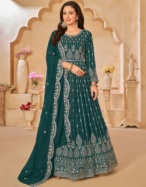 Traditional Party Wear Heavy Salwar Suit Dark Green Faux Georgette Pant Anarkali Back View