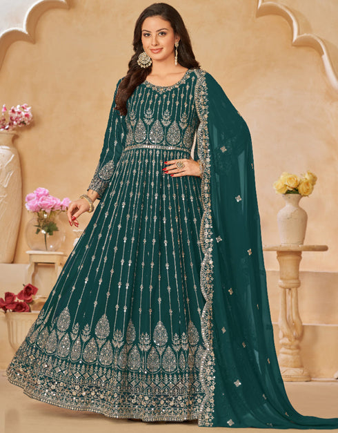 Traditional Party Wear Heavy Salwar Suit Dark Green Faux Georgette Pant Anarkali Side View