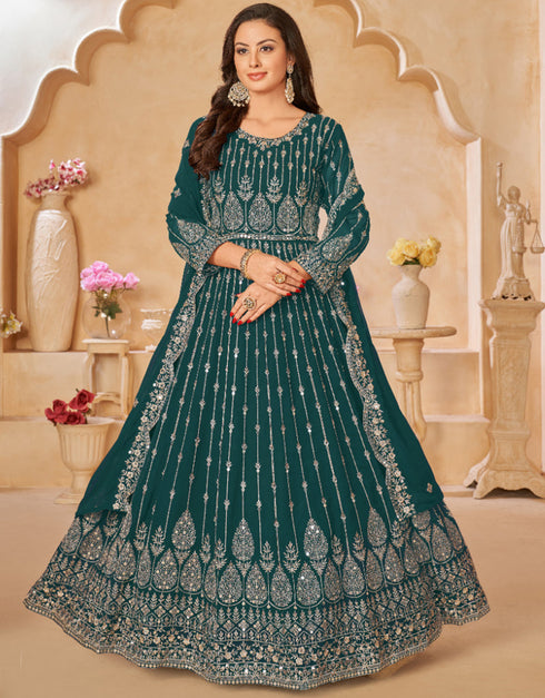 Traditional Party Wear Heavy Salwar Suit Dark Green Faux Georgette Pant Anarkali Front View