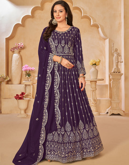 Traditional Party Wear Heavy Salwar Suit Purple Faux Georgette Pant Anarkali Close-up View