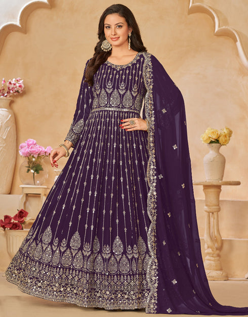 Traditional Party Wear Heavy Salwar Suit Purple Faux Georgette Pant Anarkali Back View