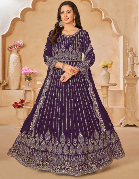 Traditional Party Wear Heavy Salwar Suit Purple Faux Georgette Pant Anarkali Side View